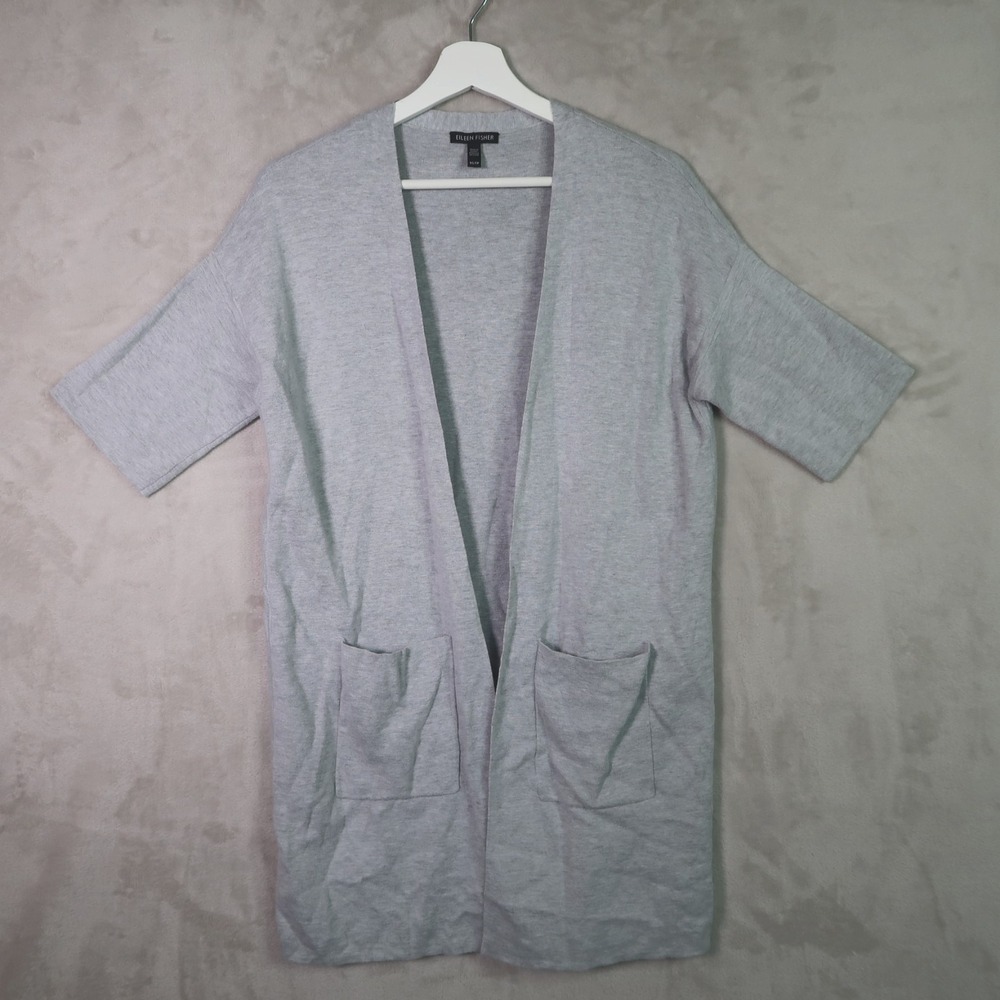 Eileen Fisher Cardigan Open Front Organic Cotton Silk Sweater Sz XS Gray Pockets
